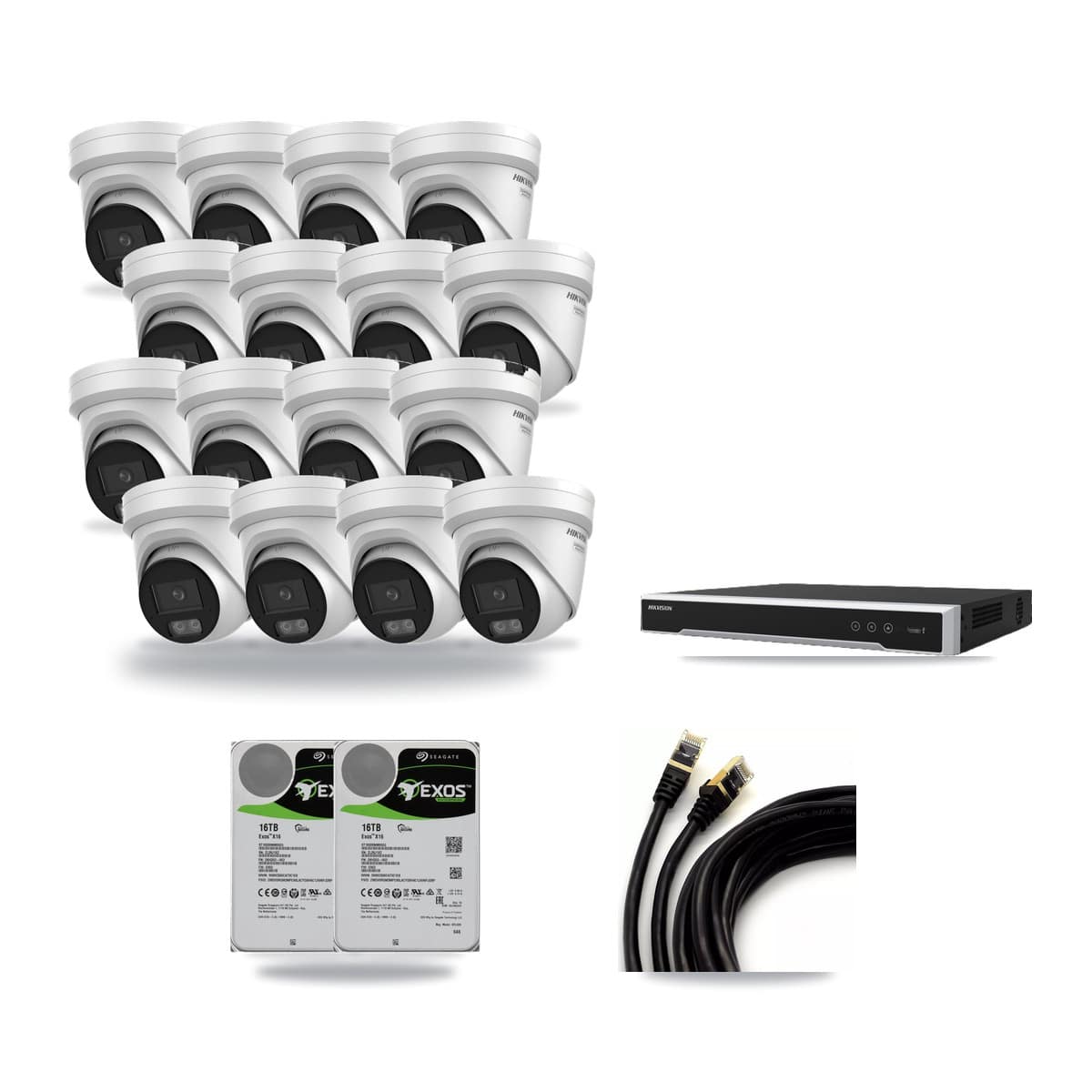 Hikvision 16-channel CCTV kit: 16 cameras (16× 4K Turret), 2× 16TB hard drive
