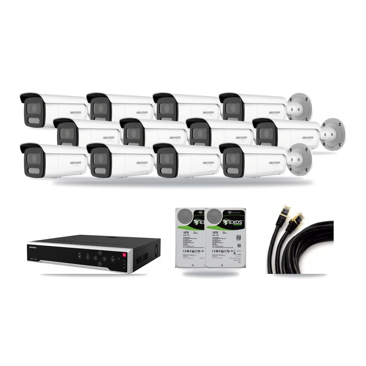 Hikvision 32-channel CCTV kit: 12 cameras (12× 4K Bullet), 2× 16TB hard drive