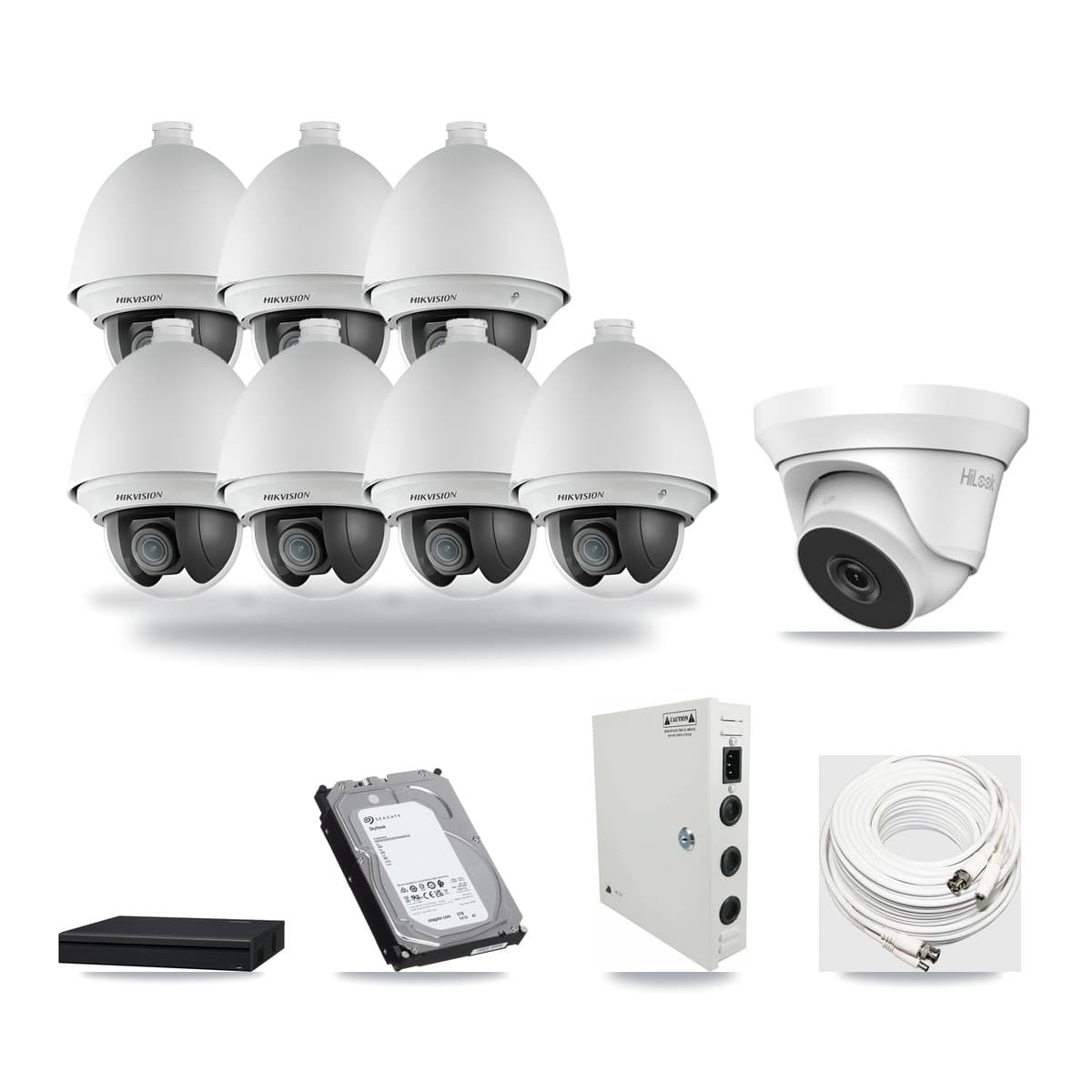 8-channel CCTV kit: 8 cameras (7× 2MP PTZ + 1× 4MP Turret), 6TB hard drive