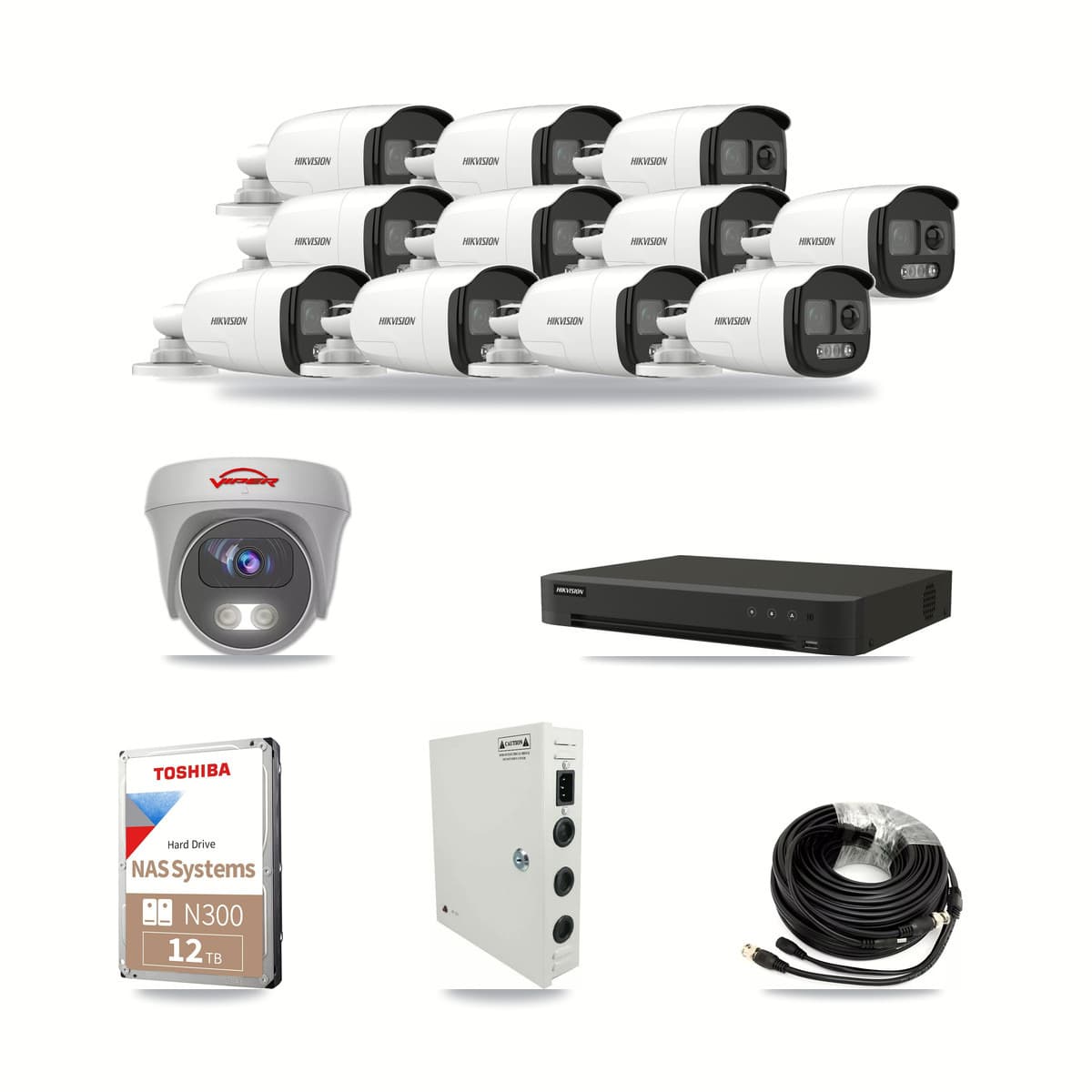 Hikvision & Viper 16-Channel 5MP CCTV Kit — 11 DS-2CE12KF3T Bullet + 1 VIPER-5MP-3K Cameras + 12TB Recording - Image 1