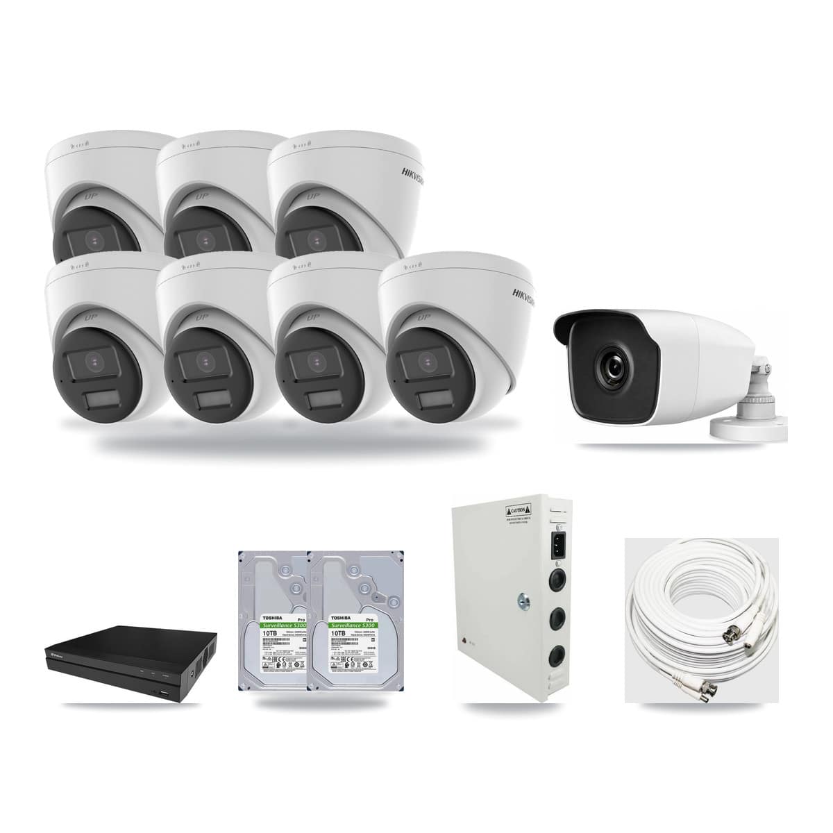 Prolux 8-channel CCTV kit: 8 cameras (7× 4K Turret + 1× 3MP Bullet), 2× 10TB hard drive