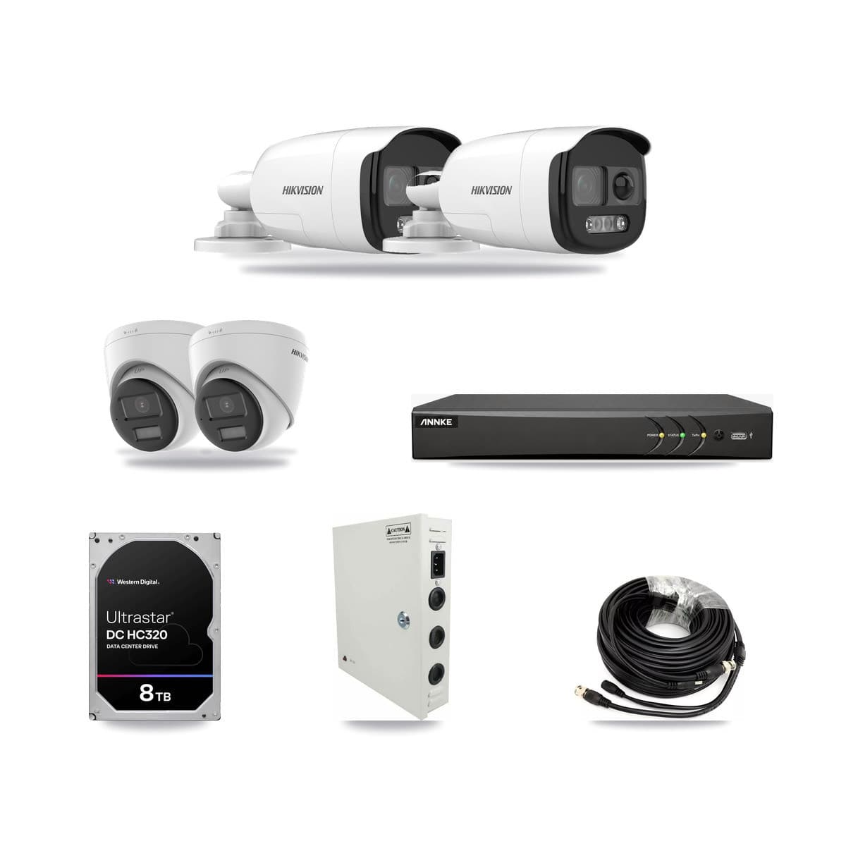 ANNKE 4-channel CCTV kit: 4 cameras (2× 5MP Bullet + 2× 4K Turret), 8TB hard drive