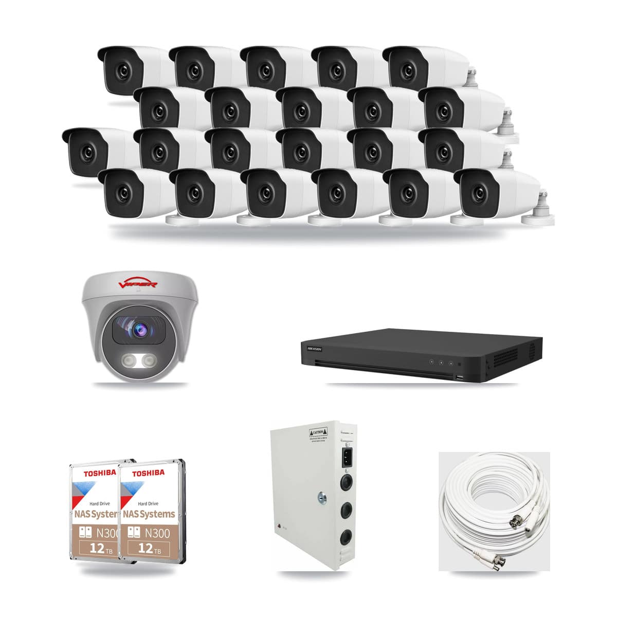32-Channel 3MP – 5MP CCTV Kit — 22 3MP Bullet + 1 5MP Cameras + 2× 12TB Recording - Image 1