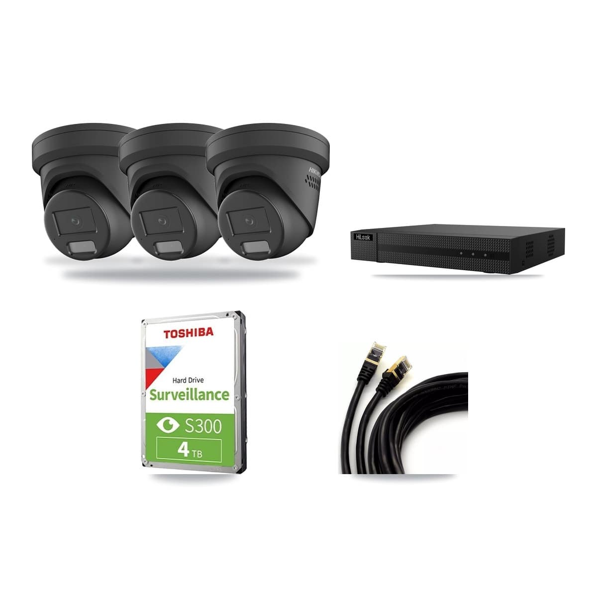 Hikvision & HiLook 8-Channel 4MP CCTV Kit — 3 Black Turret Cameras + 4TB Recording (NVR-108MH-D Recorder) - Image 1
