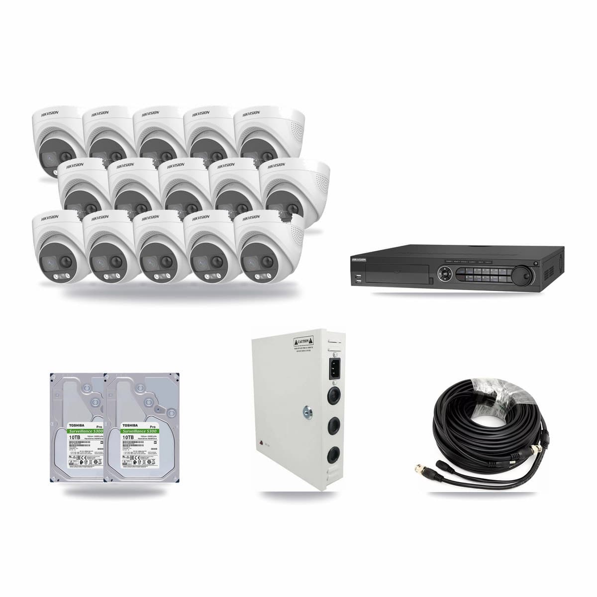 Hikvision 32-channel CCTV kit: 15 cameras (15× 5MP Turret), 2× 10TB hard drive