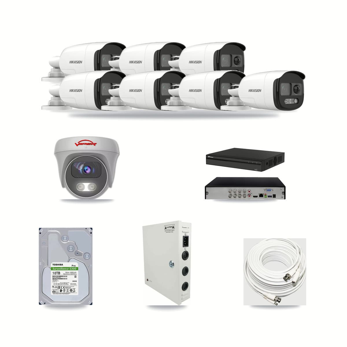 8-Channel 5MP CCTV Kit — 7 DS-2CE12KF3T Bullet + 1 White VIPER-5MP-3K Cameras + 10TB Recording (PXD-5108HS Recorder) - Image 1