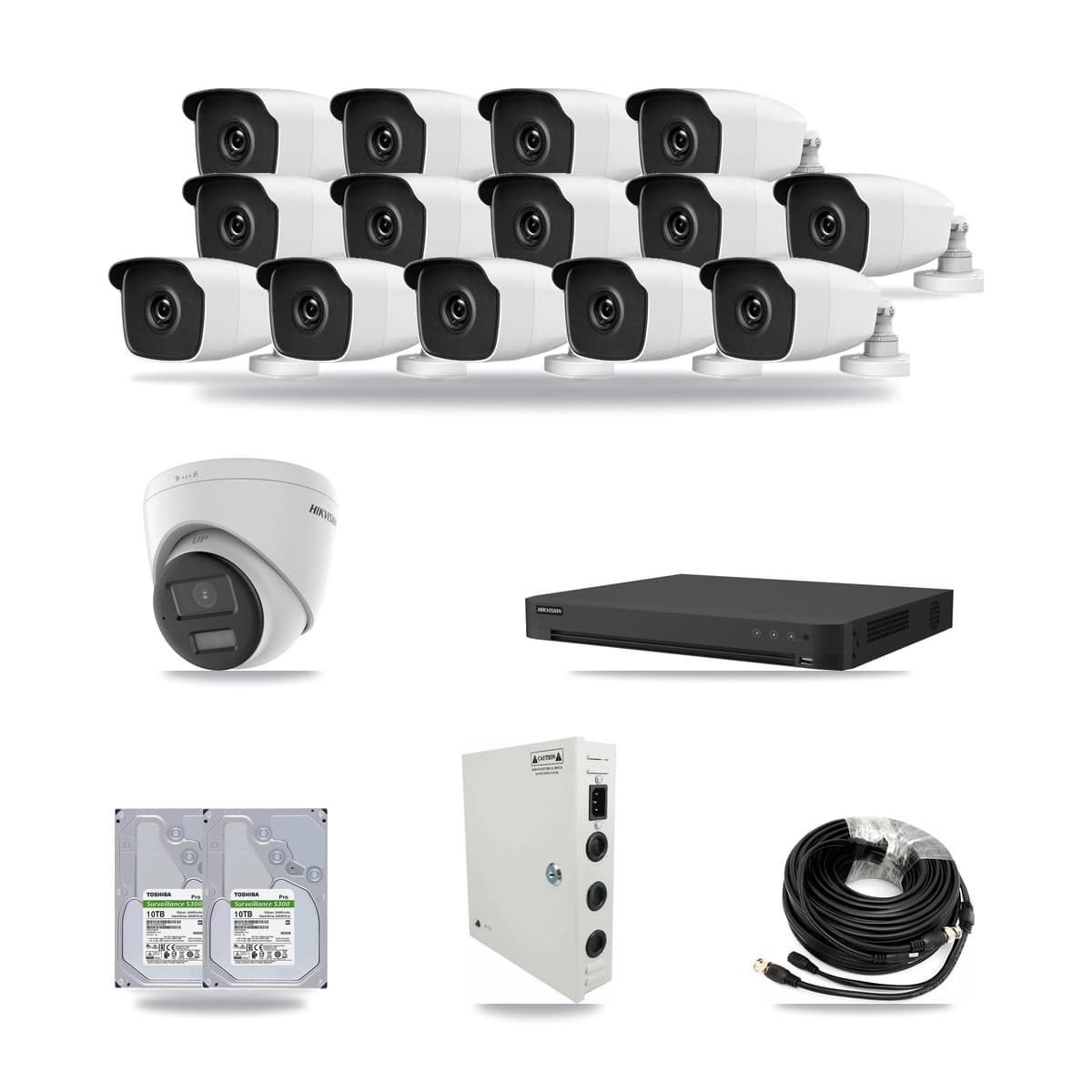 Hikvision 16-channel CCTV kit: 15 cameras (14× 3MP Bullet + 1× 4K Turret), 2× 10TB hard drive