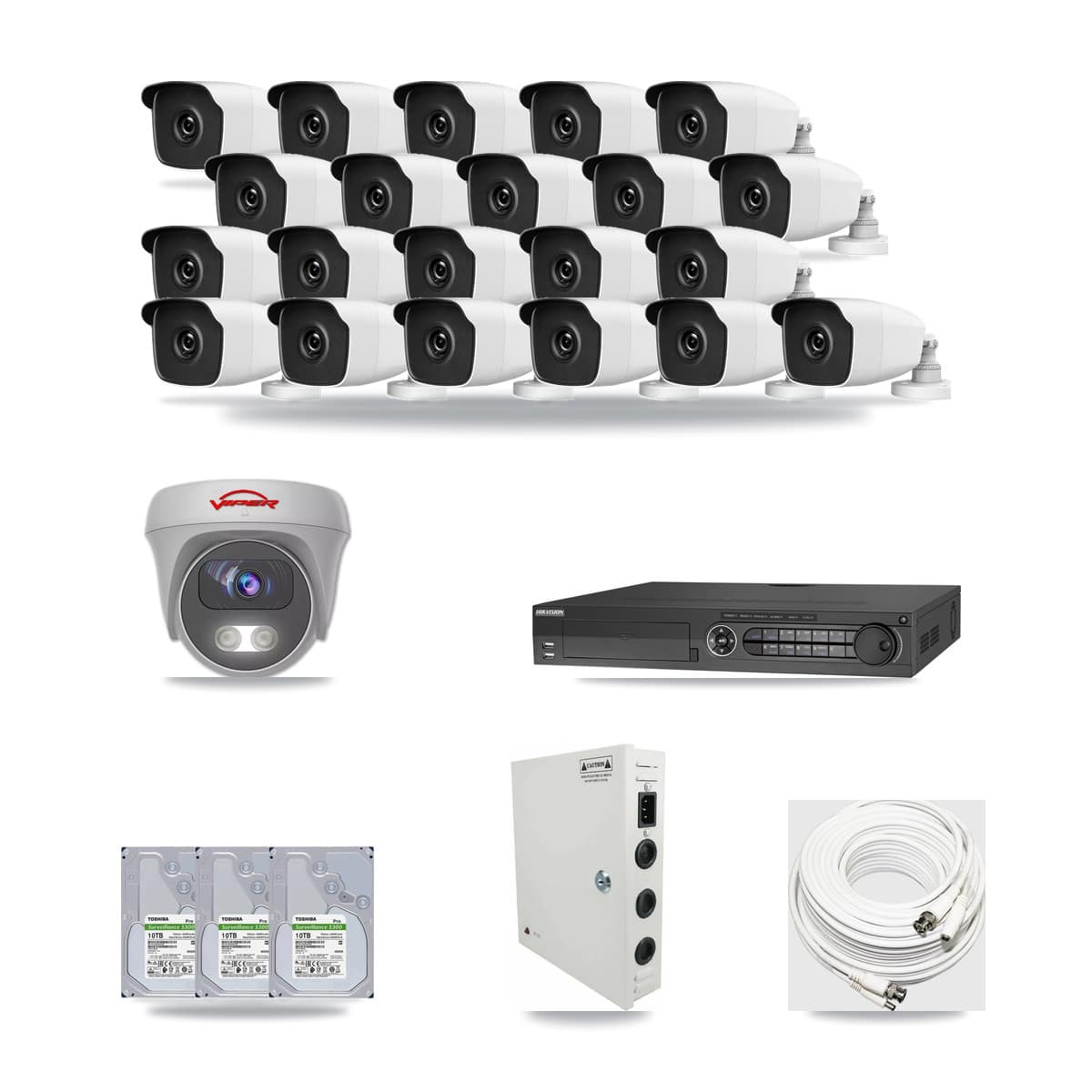 32-Channel 3MP – 5MP CCTV Kit — 21 3MP Bullet + 1 5MP Cameras + 3× 10TB Recording - Image 1