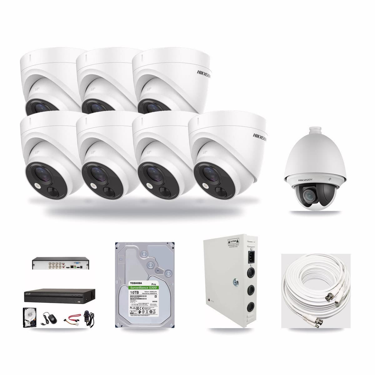 Dahua 8-channel CCTV kit: 8 cameras (7× 5MP Turret + 1× 2MP PTZ), 10TB hard drive