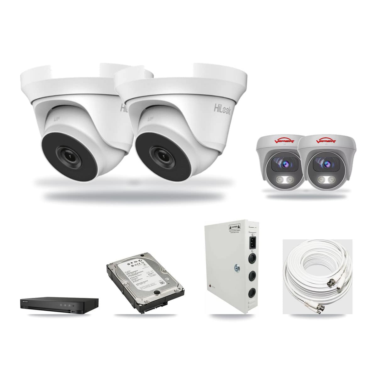 4-Channel 4MP – 5MP CCTV Kit — 2 4MP Turret + 2 White 5MP Cameras + 5TB Recording (IDS-7204HQHI Recorder) - Image 1