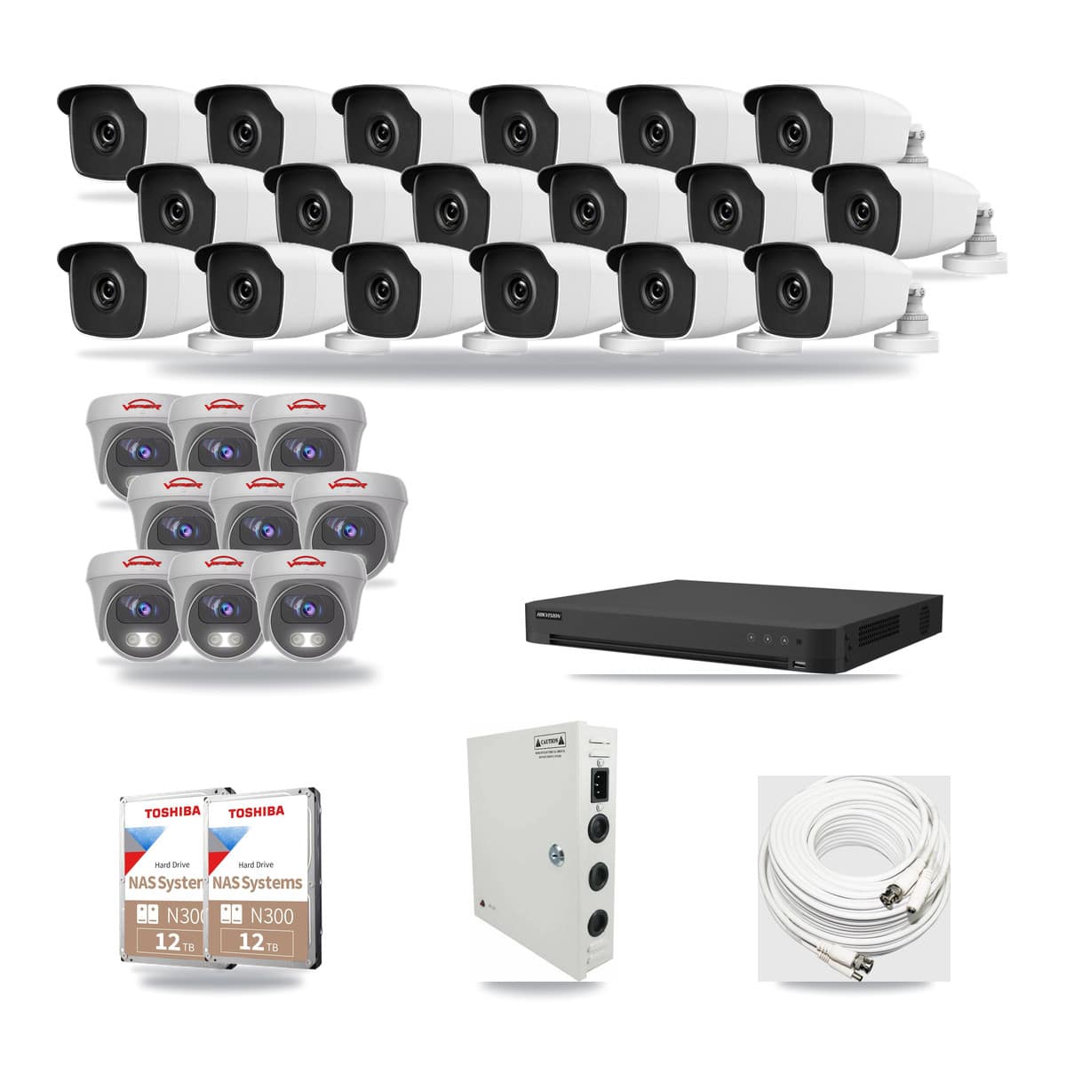 32-Channel 3MP – 5MP CCTV Kit — 18 3MP Bullet + 9 5MP Cameras + 2× 12TB Recording - Image 1