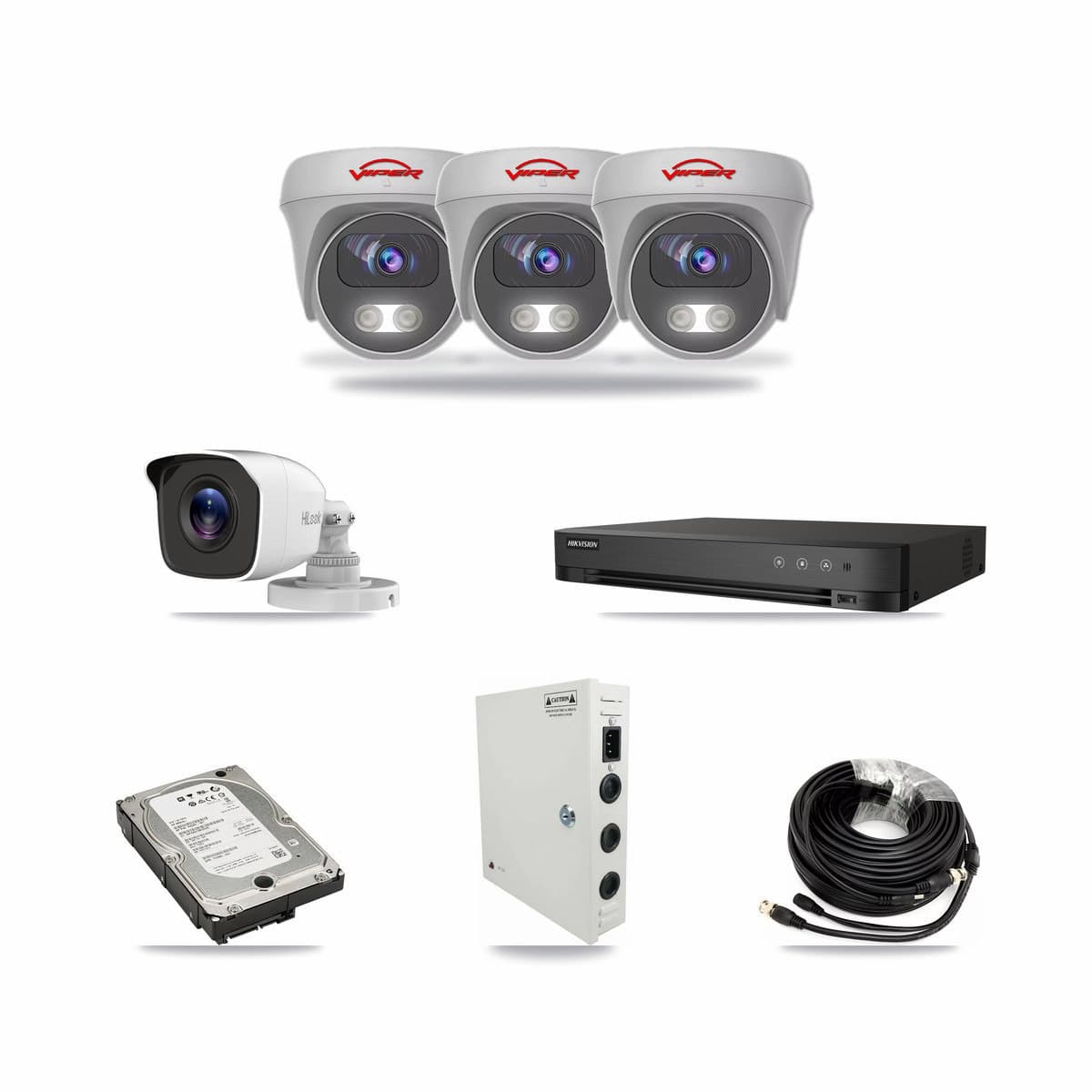 4-Channel 4MP – 5MP CCTV Kit — 1 4MP Bullet + 3 White 5MP Cameras + 5TB Recording (DS-7204HUHI Recorder) - Image 1