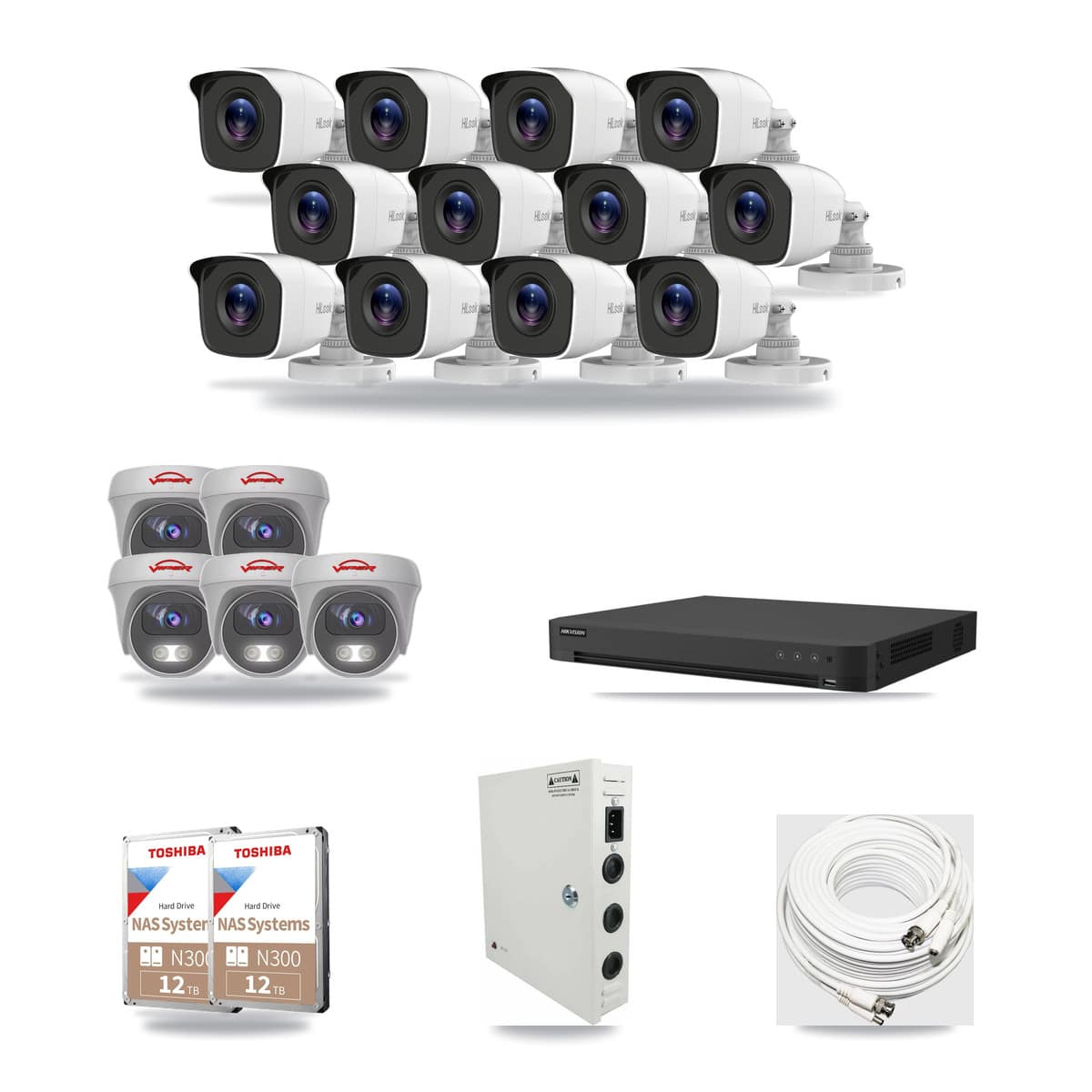 32-Channel 4MP – 5MP CCTV Kit — 12 4MP Bullet + 5 White 5MP Cameras + 2× 12TB Recording (IDS-7232HQHI Recorder) - Image 1