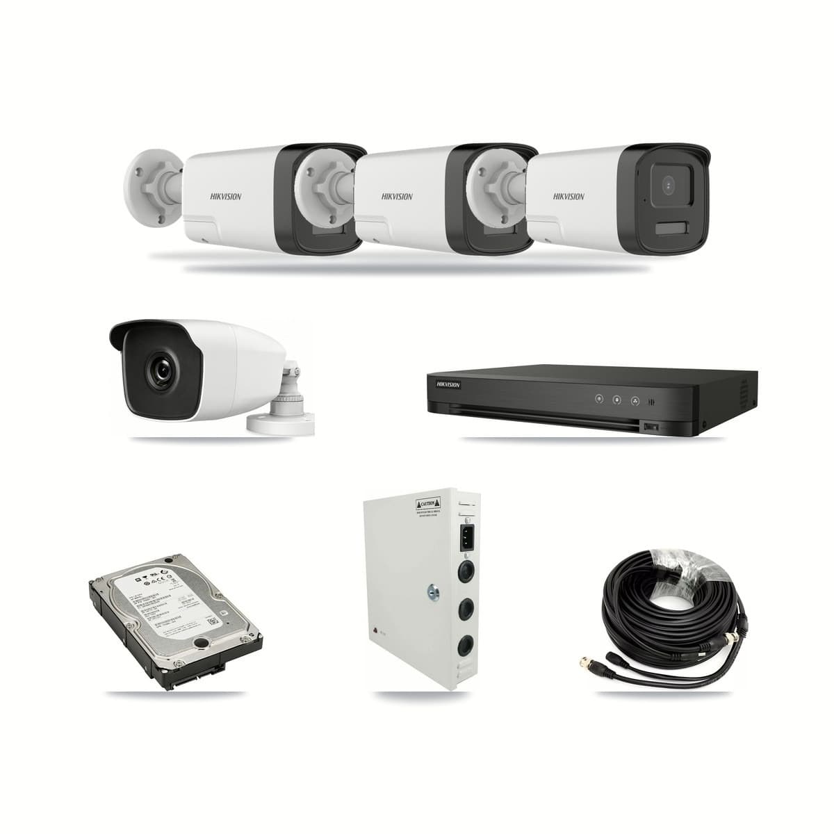 Hikvision 4-channel CCTV kit: 4 cameras (3× 5MP Bullet + 1× 3MP Bullet), 5TB hard drive