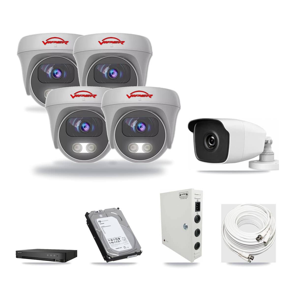 8-Channel 3MP – 5MP CCTV Kit — 1 THC-B230-R 3MP Bullet + 4 White VIPER-5MP-3K-AOC-WHITE-2.8MM 5MP Cameras + 6TB Recording (IDS-7208HUHI-M1/E Recorder) - Image 1