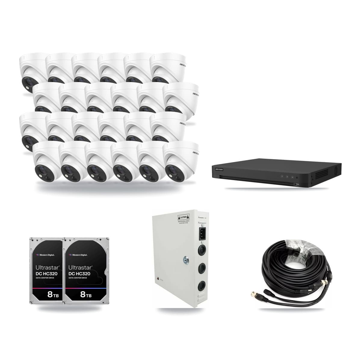 Hikvision 32-channel CCTV kit: 24 cameras (24× 5MP Turret), 2× 8TB hard drive
