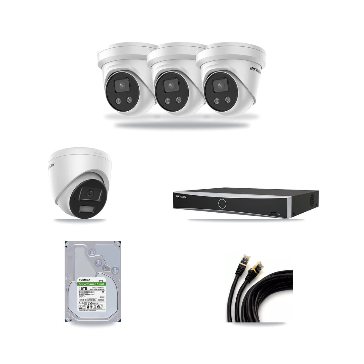 Hikvision 4-channel CCTV kit: 4 cameras (3× 5MP Turret + 1× 4MP Turret), 10TB hard drive