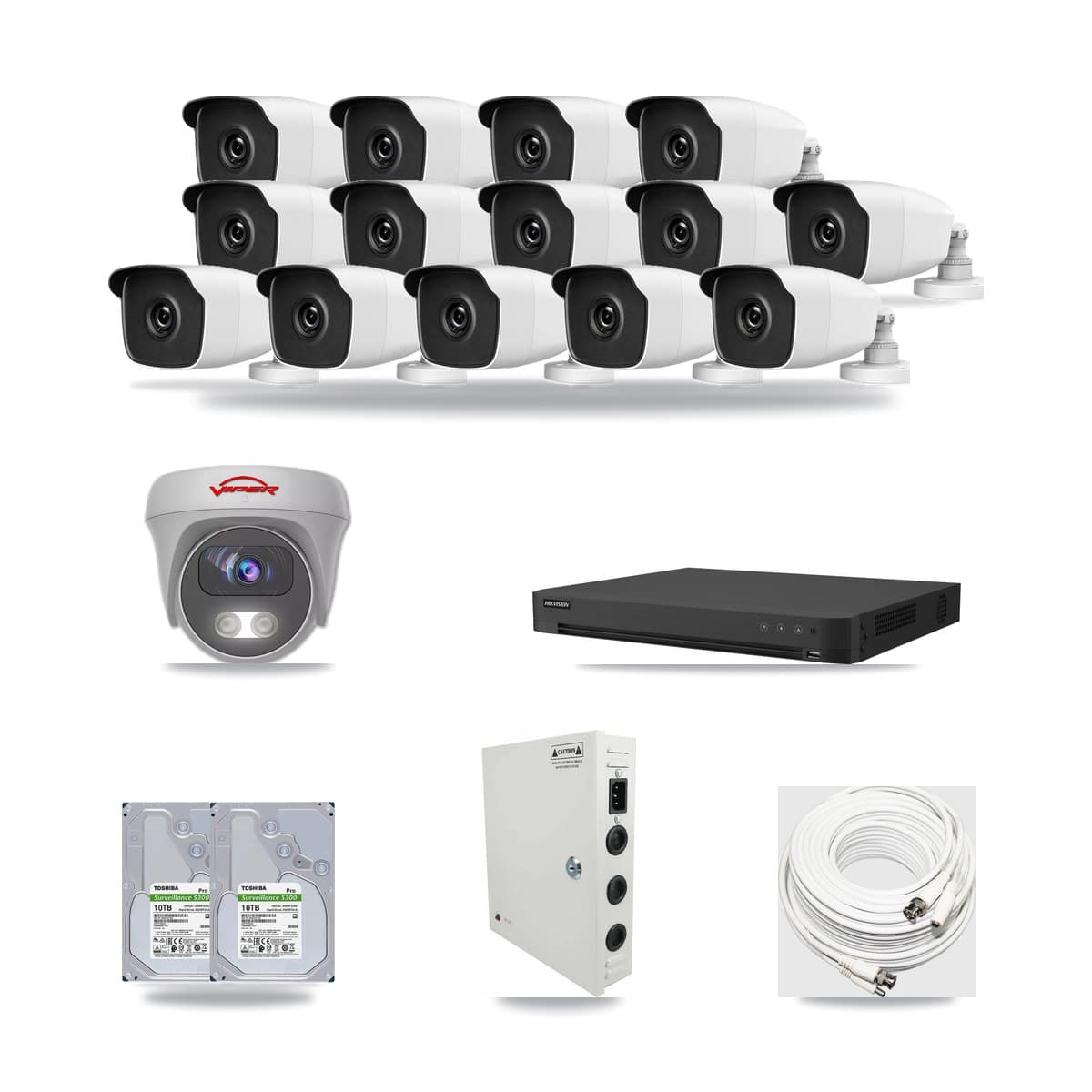 16-Channel 3MP – 5MP CCTV Kit — 14 3MP Bullet + 1 5MP Cameras + 2× 10TB Recording - Image 1