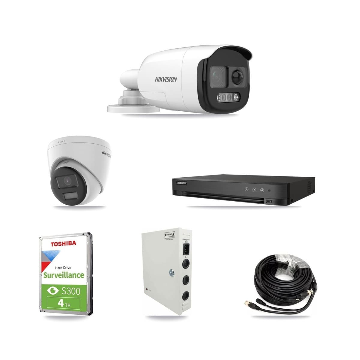 Hikvision 4-channel CCTV kit: 2 cameras (1× 5MP Bullet + 1× 4K Turret), 4TB hard drive