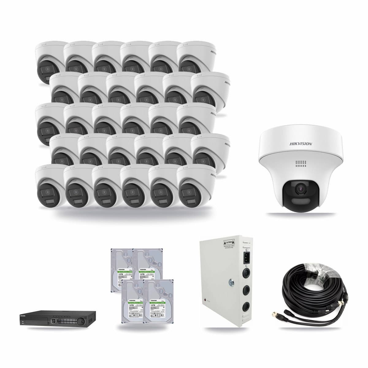 Hikvision 32-channel CCTV kit: 31 cameras (30× 5MP Turret DS-2CE78K0T + 1× 5MP Turret DS-2CE70K0T), 4× 10TB hard drive
