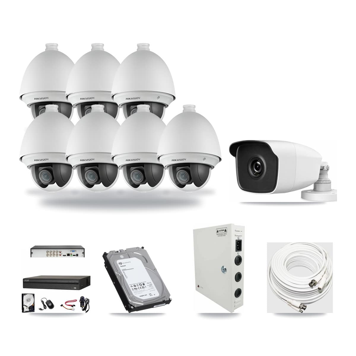 8-Channel 2MP – 3MP CCTV Kit — 7 Hikvision DS-2AE4225T-A 2MP PTZ + 1 HiLook THC-B230-R 3MP Bullet Cameras + 6TB Recording (XVR-3108AD-4K Recorder) - Image 1