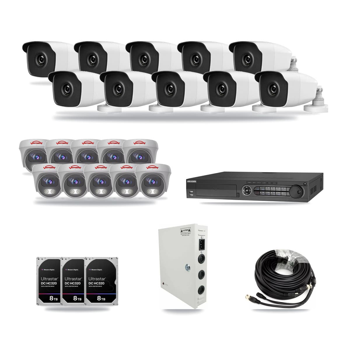 32-Channel 3MP – 5MP CCTV Kit — 10 3MP Bullet + 10 5MP Cameras + 3× 8TB Recording - Image 1