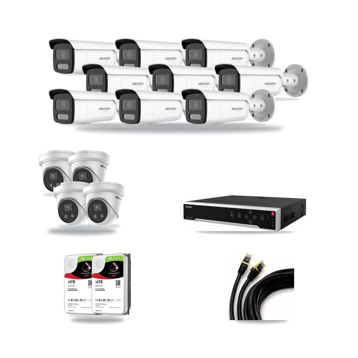 Hikvision 32-channel CCTV kit: 13 cameras (9× 4K Bullet + 4× 5MP Turret), 2× 14TB hard drive