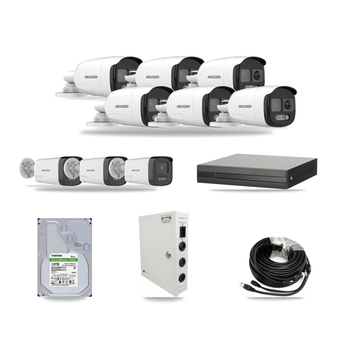 16-channel CCTV kit: 9 cameras (6× 5MP Bullet DS-2CE12KF3T + 3× 5MP Bullet DS-2CE17K0T), 10TB hard drive