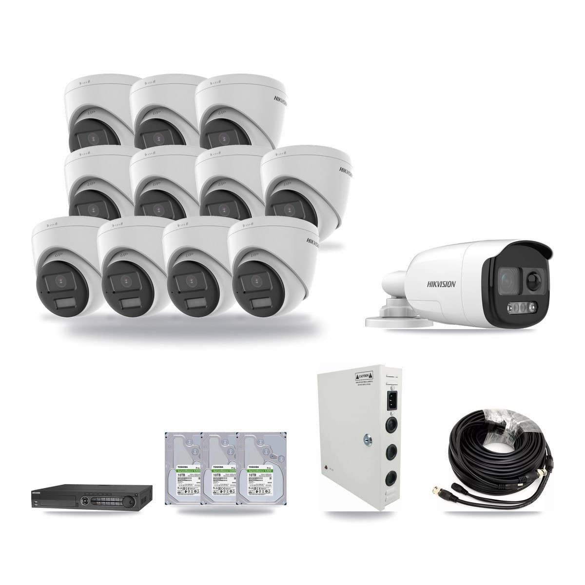 Hikvision 32-channel CCTV kit: 12 cameras (11× 4K Turret + 1× 5MP Bullet), 3× 10TB hard drive