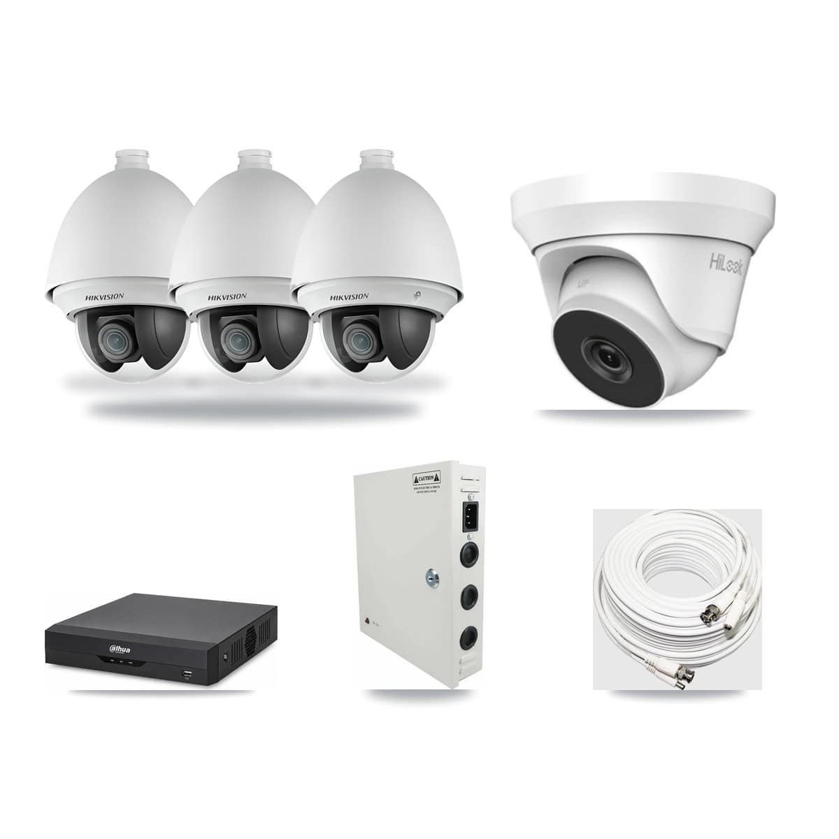 4-Channel 2MP – 4MP CCTV Kit — 3 2MP PTZ + 1 4MP Turret Cameras + 3TB Recording (DH-XVR5104HS Recorder) - Image 1