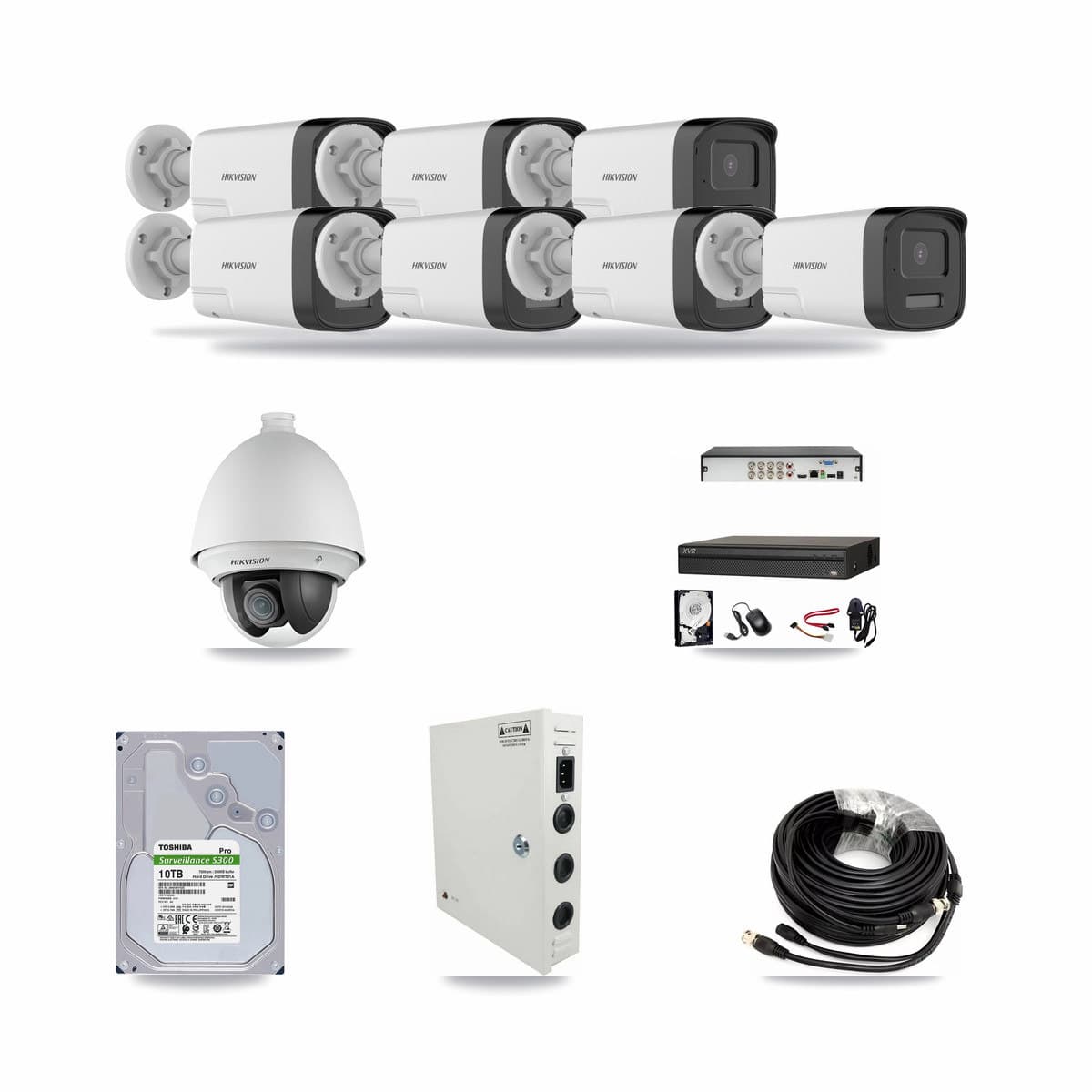 Dahua 8-channel CCTV kit: 8 cameras (7× 5MP Bullet + 1× 2MP PTZ), 10TB hard drive
