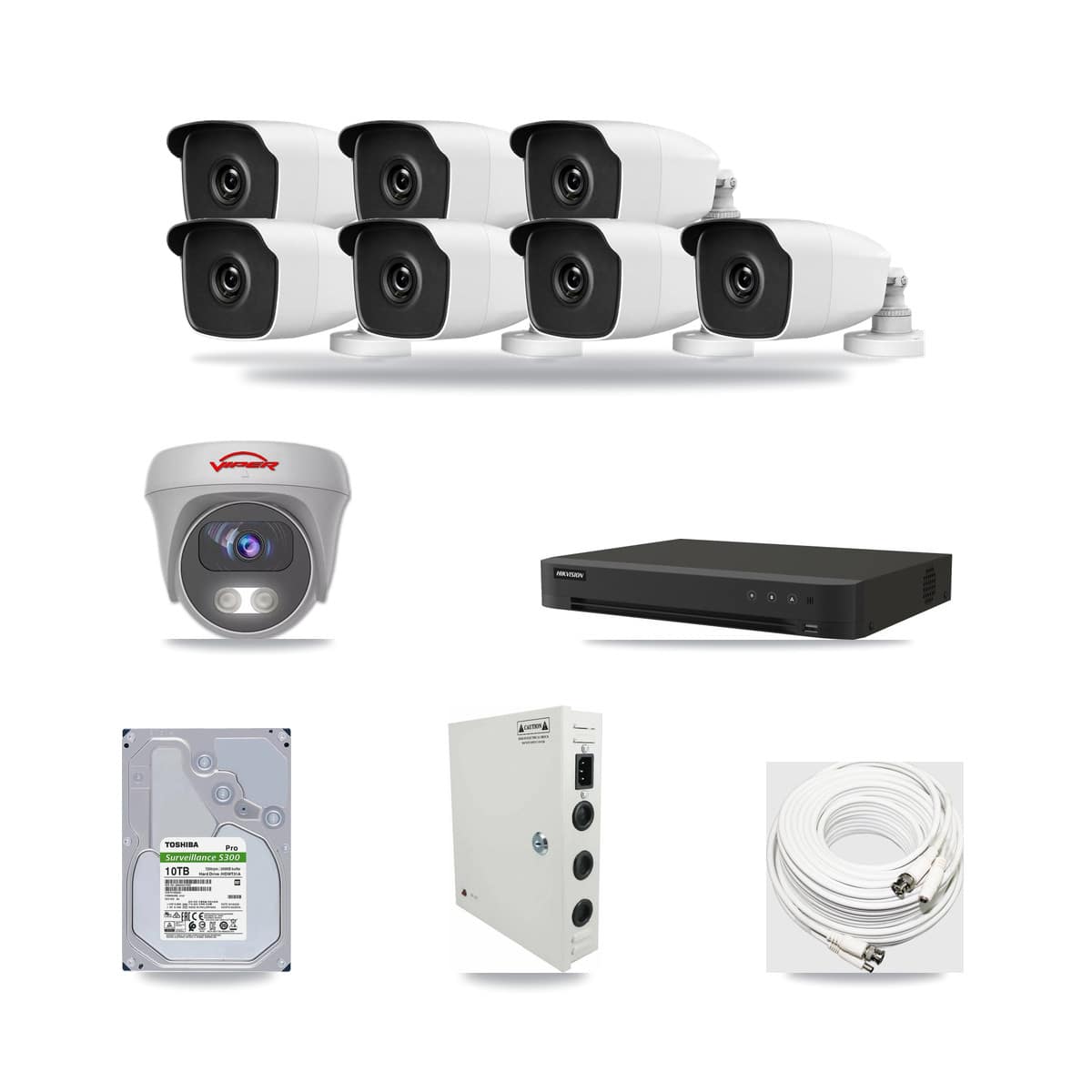 8-Channel 3MP – 5MP CCTV Kit — 7 3MP Bullet + 1 White 5MP Cameras + 10TB Recording (IDS-7208HUHI Recorder) - Image 1