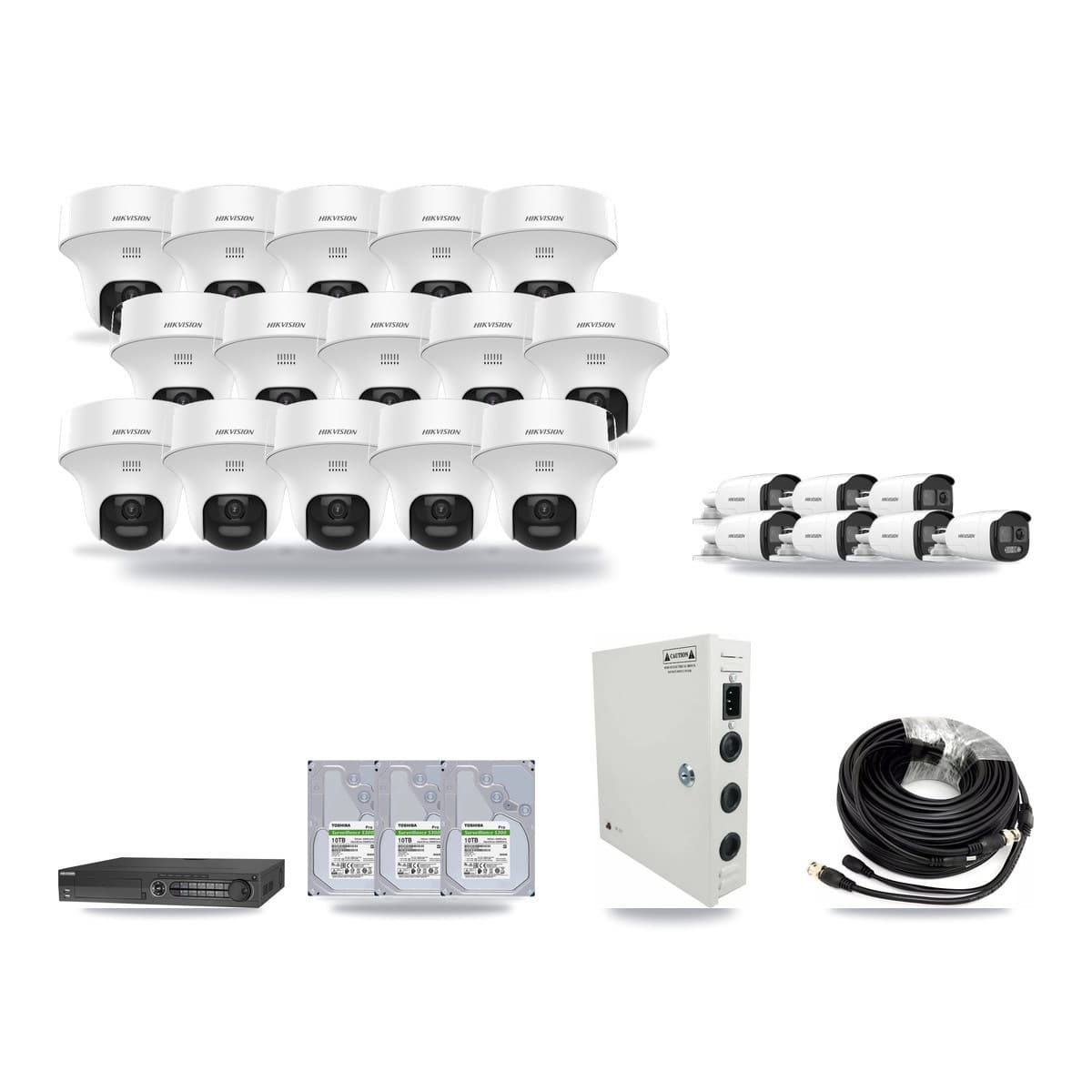 Hikvision 32-channel CCTV kit: 22 cameras (15× 5MP Turret + 7× 5MP Bullet), 3× 10TB hard drive