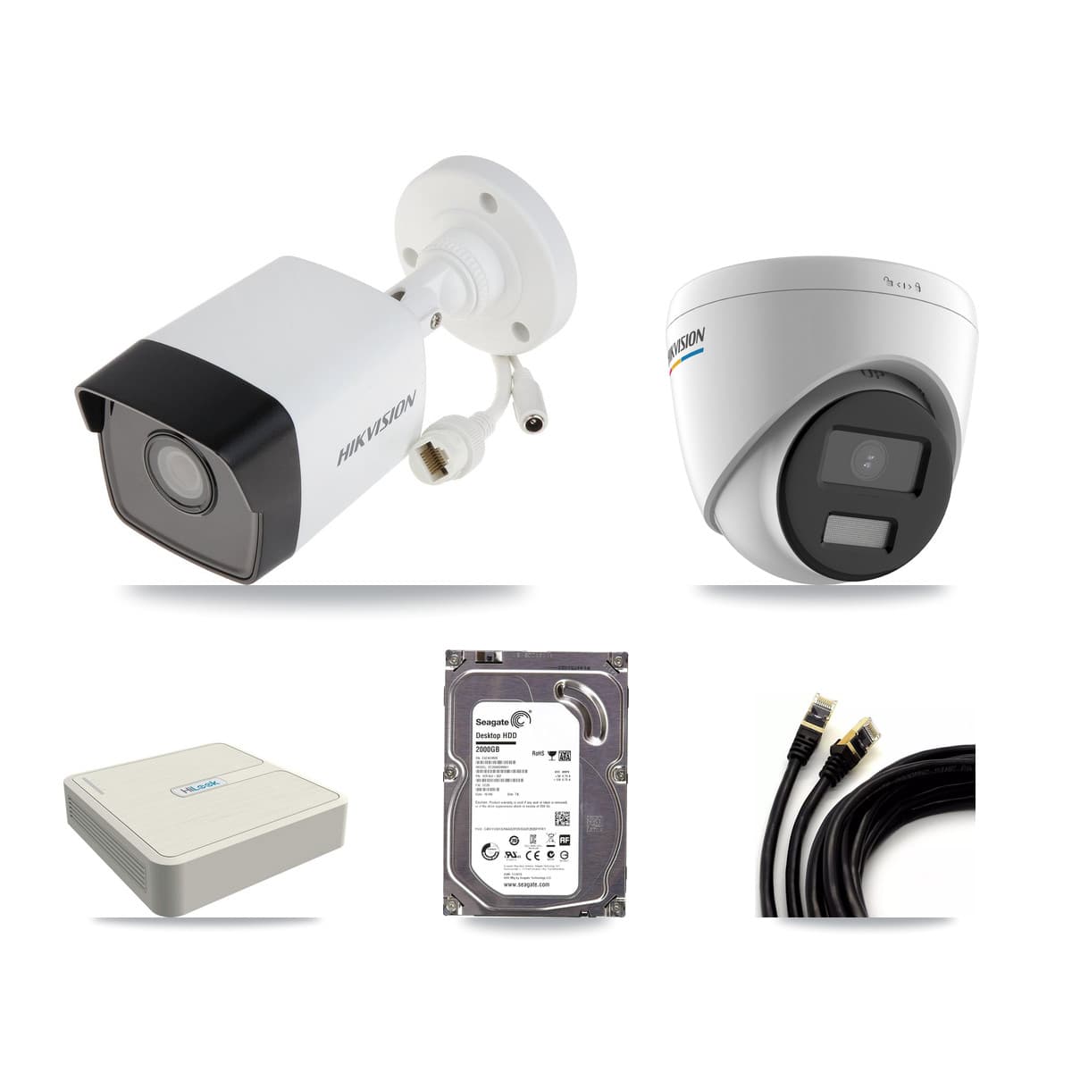 HiLook 8-channel CCTV kit: 2 cameras (1× 5MP Bullet + 1× 2MP Turret), 2TB hard drive
