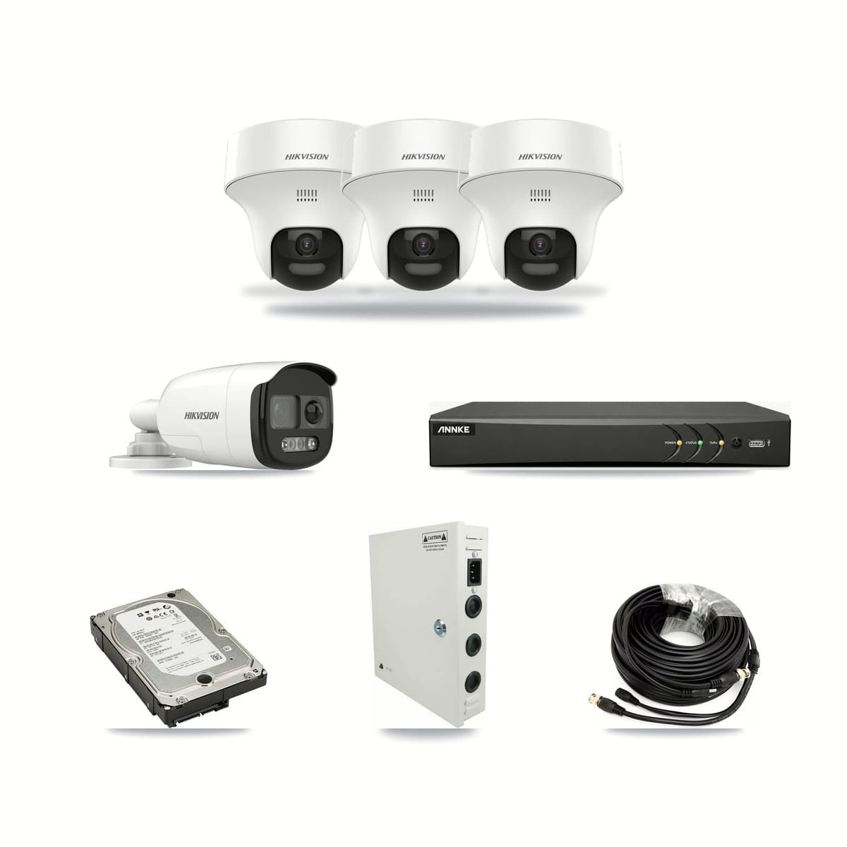 Hikvision & ANNKE 4-Channel 5MP CCTV Kit — 1 DS-2CE12KF3T Bullet + 3 DS-2CE70K0T Turret Cameras + 5TB Recording - Image 1
