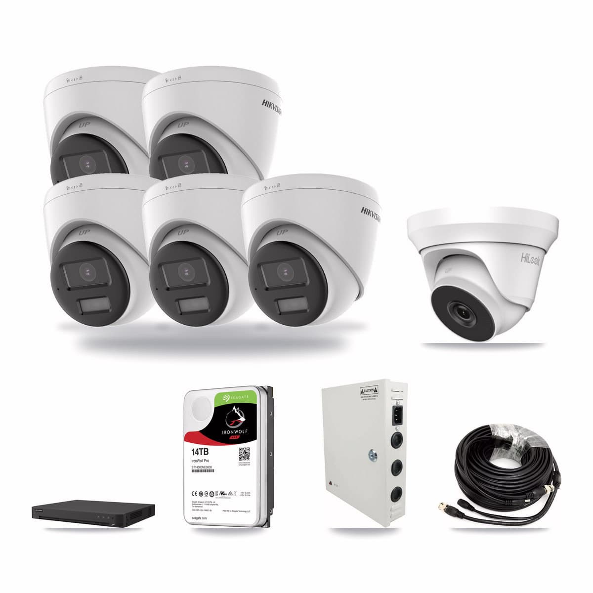 Hikvision 16-channel CCTV kit: 6 cameras (5× 4K Turret + 1× 4MP Turret), 14TB hard drive