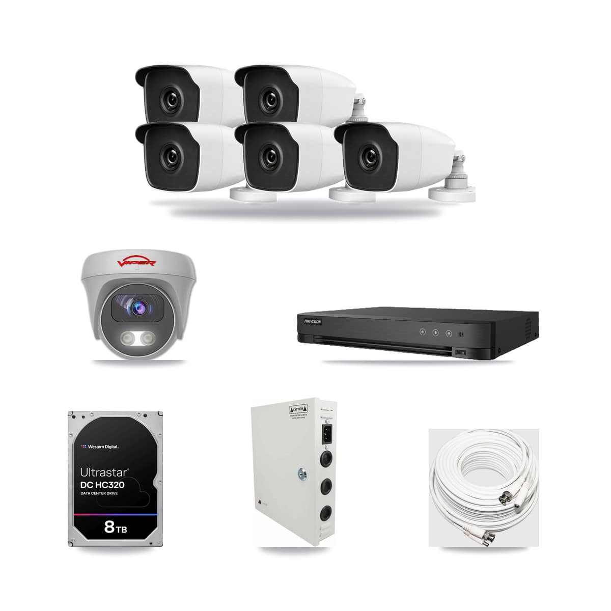 8-Channel 3MP – 5MP CCTV Kit — 5 THC-B230-R 3MP Bullet + 1 White VIPER-5MP-3K-AOC-WHITE-2.8MM 5MP Cameras + 8TB Recording (IDS-7208HUHI-M1/E Recorder) - Image 1