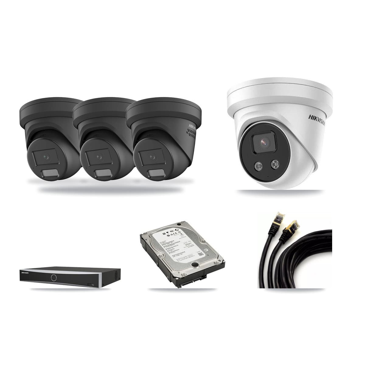 Hikvision 4-channel CCTV kit: 4 cameras (3× 4MP Turret + 1× 5MP Turret), 5TB hard drive