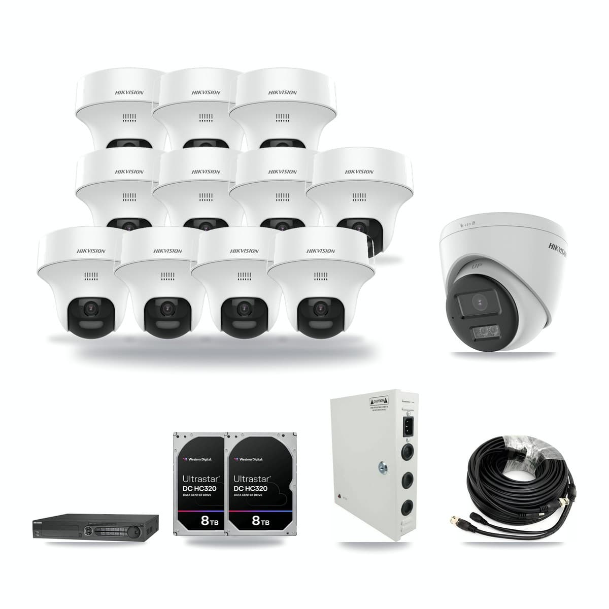 Hikvision 32-channel CCTV kit: 12 cameras (11× 5MP Turret DS-2CE70K0T + 1× 5MP Turret DS-2CE78K0T), 2× 8TB hard drive
