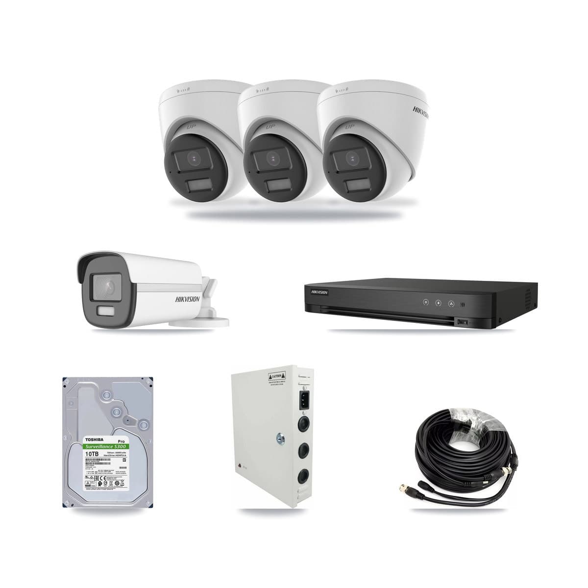 Hikvision 4-channel CCTV kit: 4 cameras (3× 4K Turret + 1× 4K Bullet), 10TB hard drive