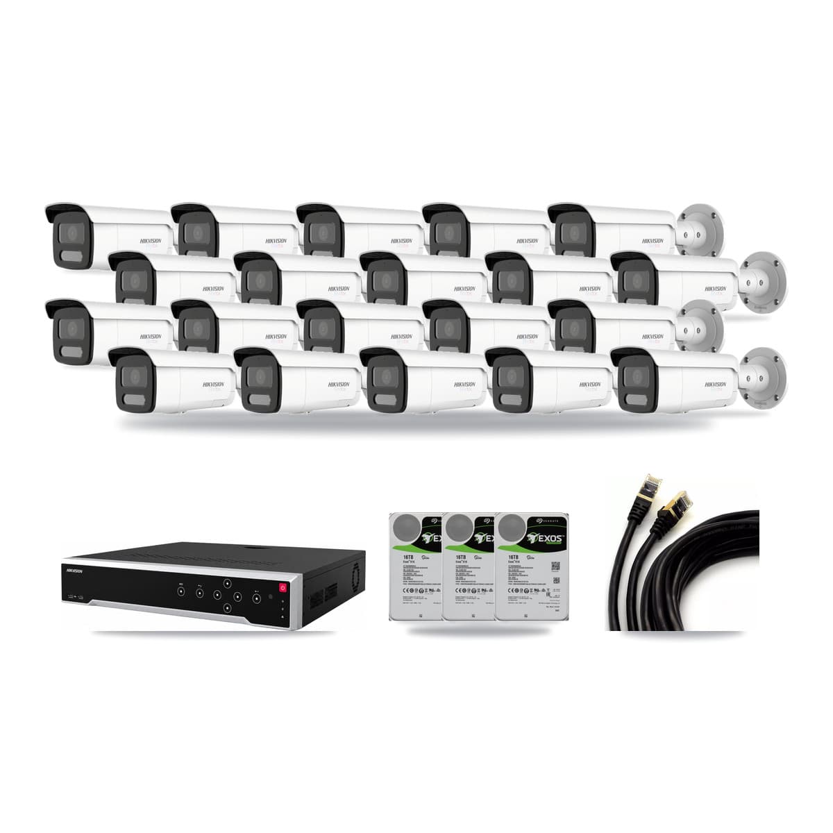 Hikvision 32-channel CCTV kit: 20 cameras (20× 4K Bullet), 3× 16TB hard drive