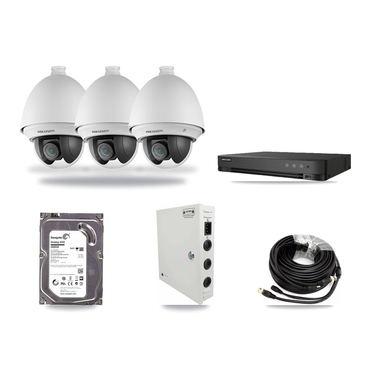 Hikvision 4-channel CCTV kit: 3 cameras (3× 2MP PTZ), 2TB hard drive