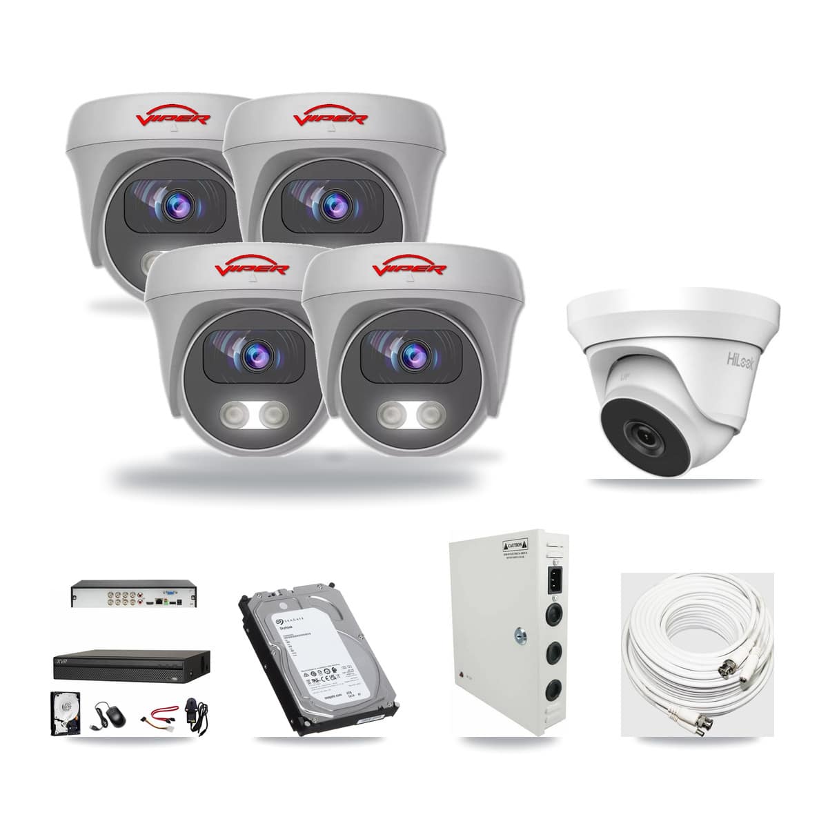 8-Channel 4MP – 5MP CCTV Kit — 1 HiLook 4MP Turret + 4 Viper White 5MP Cameras + 6TB Recording (XVR-3108AD Recorder) - Image 1