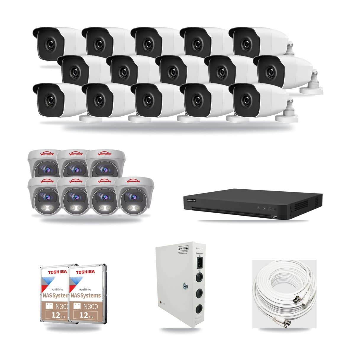 32-Channel 3MP – 5MP CCTV Kit — 15 3MP Bullet + 7 5MP Cameras + 2× 12TB Recording - Image 1
