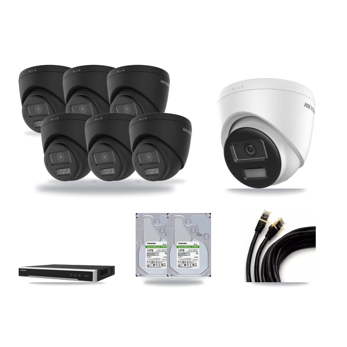Hikvision 8-channel CCTV kit: 7 cameras (6× 4K Turret DS-2CD1383G2-LIUF/SL-BLACK + 1× 4K Turret DS-2CD1383G2-LIUF/SL), 2× 10TB hard drive
