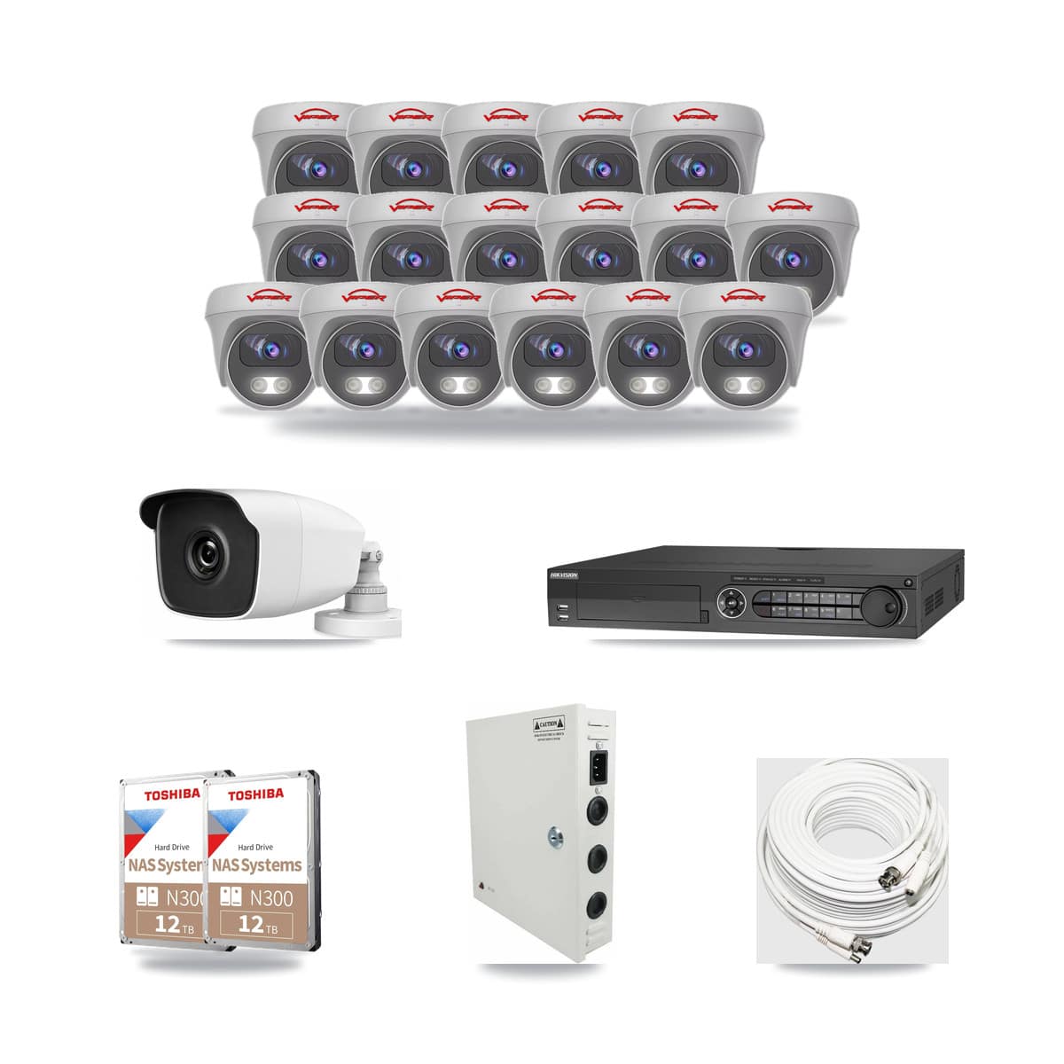 32-Channel 3MP – 5MP CCTV Kit — 1 3MP Bullet + 17 White 5MP Cameras + 2× 12TB Recording (IDS-7332HUHI Recorder) - Image 1