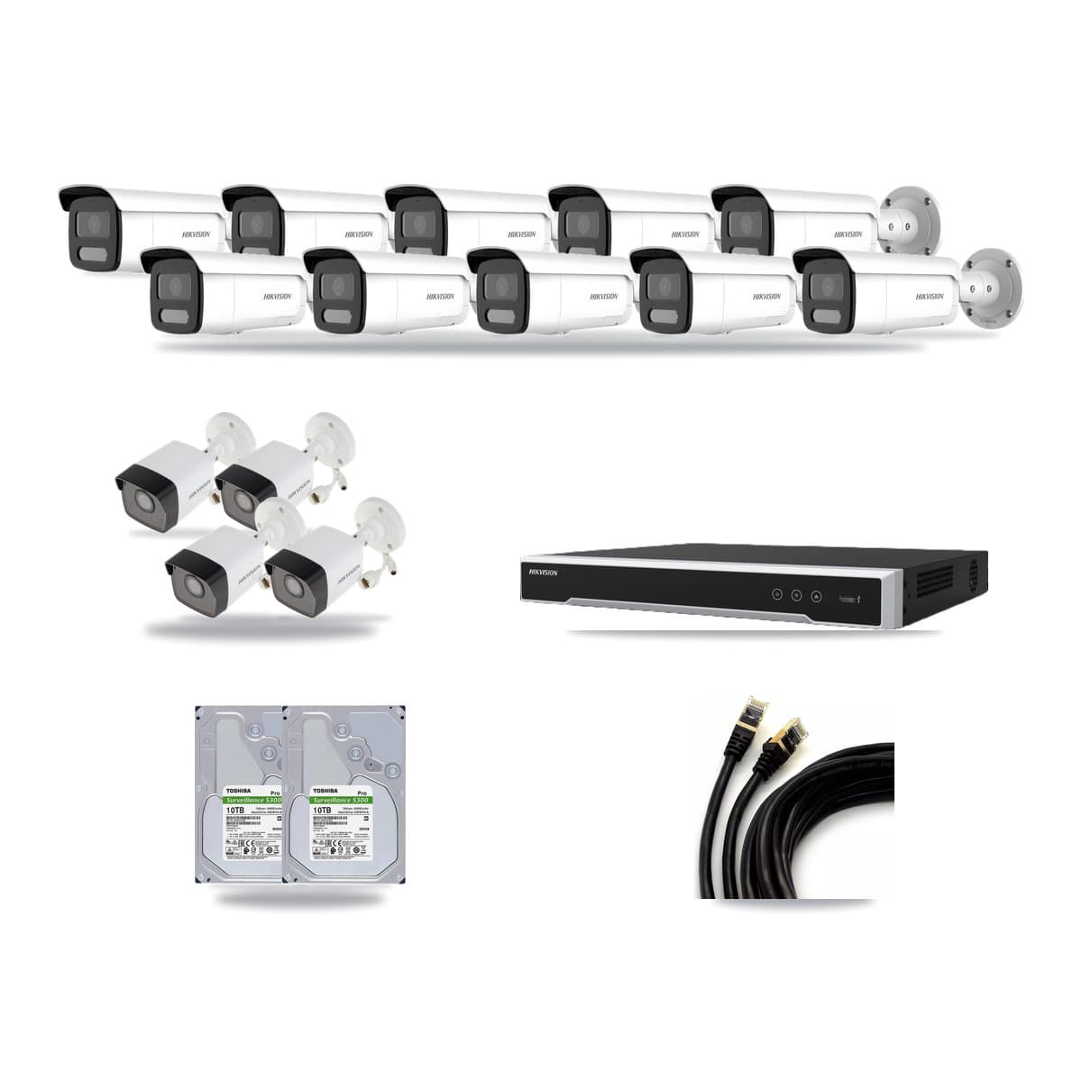 Hikvision 16-channel CCTV kit: 14 cameras (10× 4MP Bullet + 4× 5MP Bullet), 2× 10TB hard drive