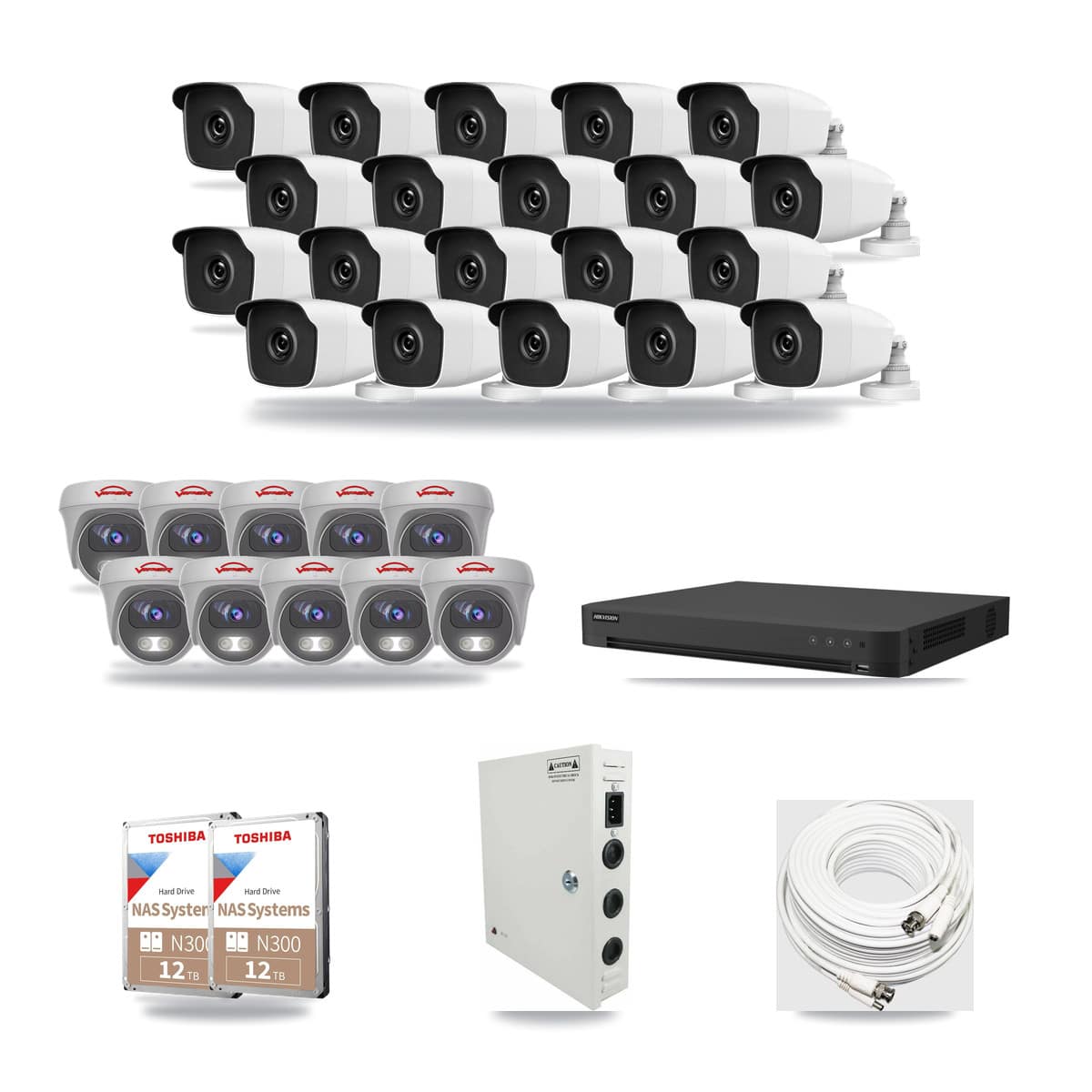 32-Channel 3MP – 5MP CCTV Kit — 20 3MP Bullet + 10 5MP Cameras + 2× 12TB Recording - Image 1