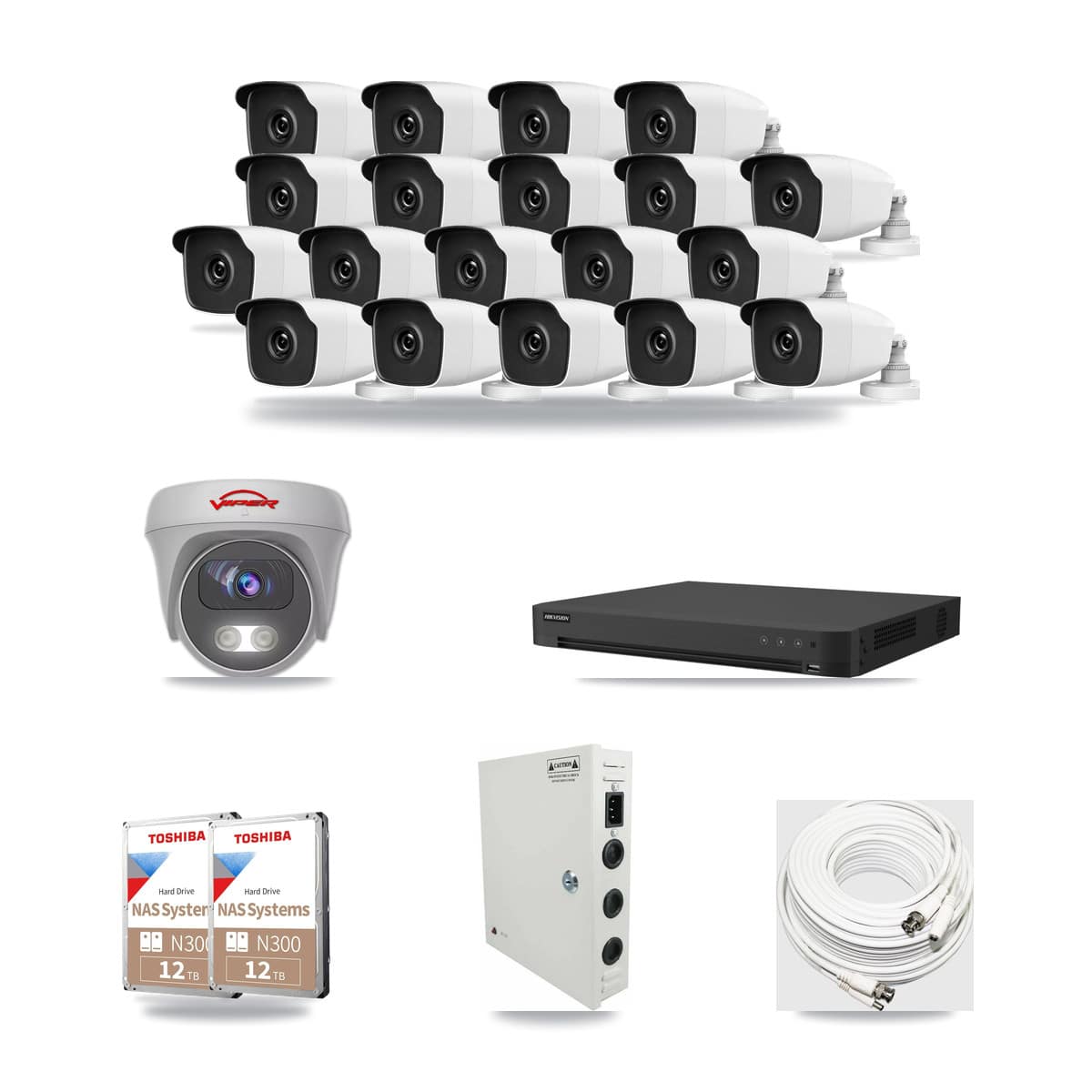 32-Channel 3MP – 5MP CCTV Kit — 19 3MP Bullet + 1 5MP Cameras + 2× 12TB Recording - Image 1