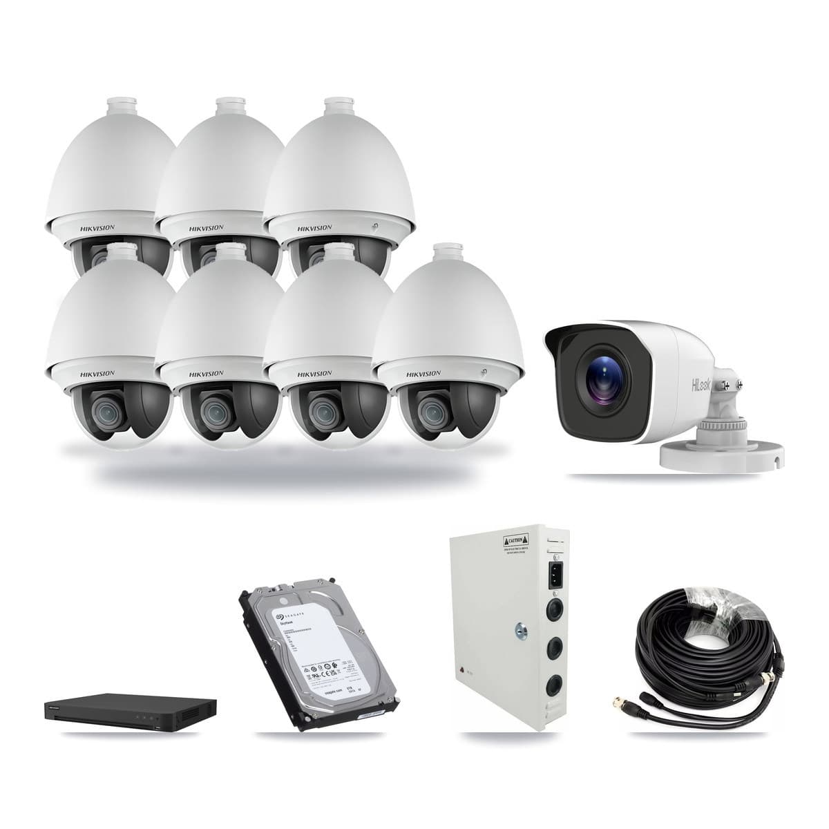 Hikvision 16-channel CCTV kit: 8 cameras (7× 2MP PTZ + 1× 4MP Bullet), 6TB hard drive